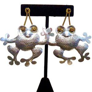 1980’s Whimsical Frog Pierced Earrings Handmade Dancing Toads Aluminum Brass